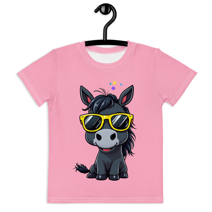 Pony Cool Girls T-shirt – front view on hanger, pink with black pony wearing yellow sunglasses and small colorful stars