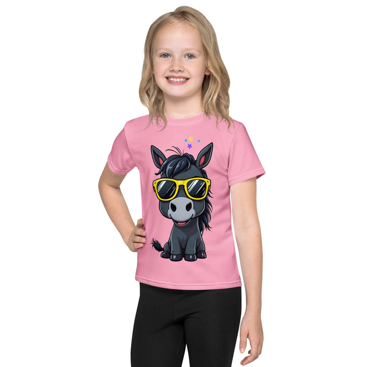 Pony Cool Girls T-shirt – front view on model, pink with black pony wearing yellow sunglasses and small colorful stars