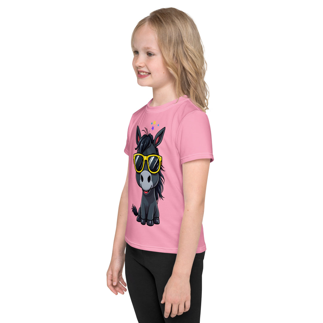 Pony Cool Girls T-shirt – left side view on model, pink with black pony wearing yellow sunglasses and small colorful stars
