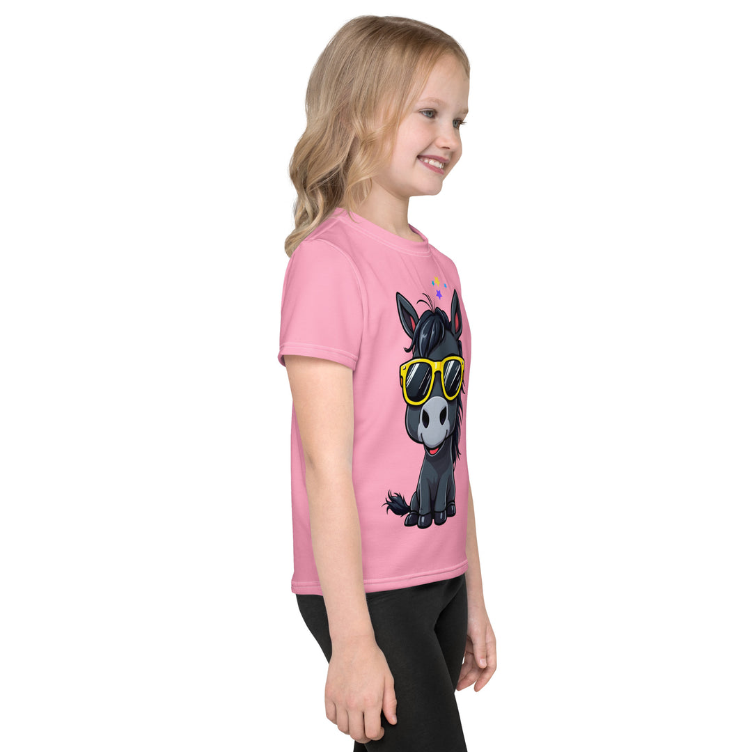  Pony Cool Girls T-shirt – right side view on model, pink with black pony wearing yellow sunglasses and small colorful stars