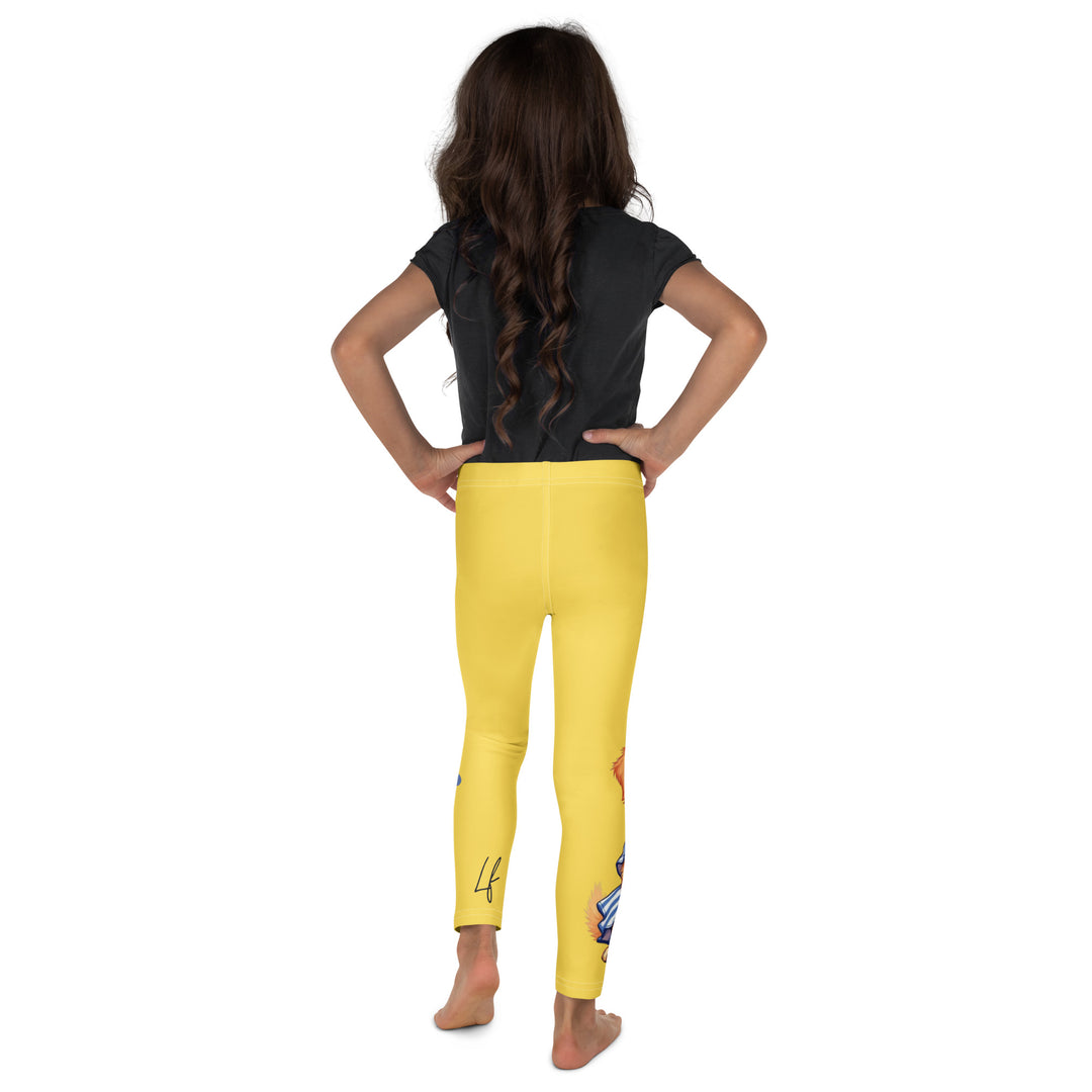  Puppy & Bones Girls Leggings, yellow background with a golden retriever puppy wearing a blue and white striped outfit and a matching blue and white bow on the head on one leg, and blue paw prints and blue bones running down the other leg, back view on model
