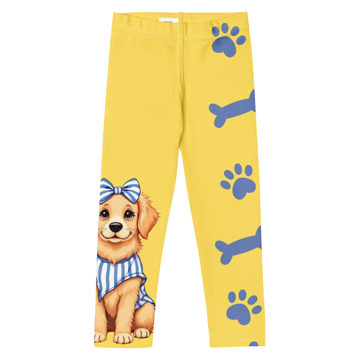  Puppy & Bones Girls Leggings, yellow background with a golden retriever puppy wearing a blue and white striped outfit and a matching blue and white bow on the head on one leg, and blue paw prints and blue bones running down the other leg, front view
