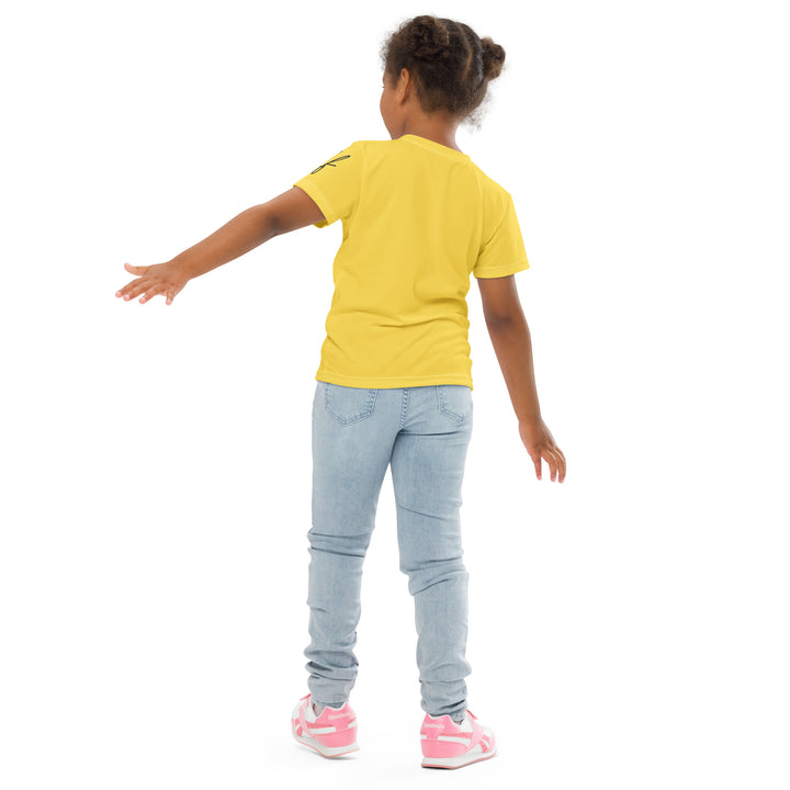  Puppy & Bones Girls T-shirt, golden retriever puppy wearing a blue and white striped outfit with a matching blue and white striped bow on its head, back pose on model