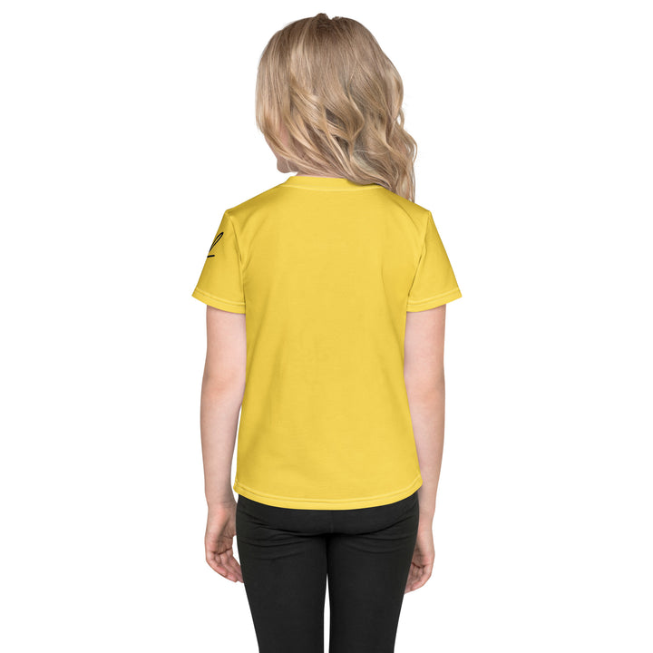 Puppy & Bones Girls T-shirt, golden retriever puppy wearing a blue and white striped outfit with a matching blue and white striped bow on its head, back view on model