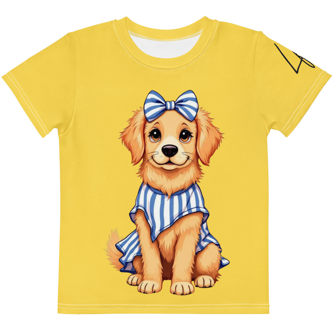 Puppy & Bones Girls T-shirt, golden retriever puppy wearing a blue and white striped outfit with a matching blue and white striped bow on its head, front view