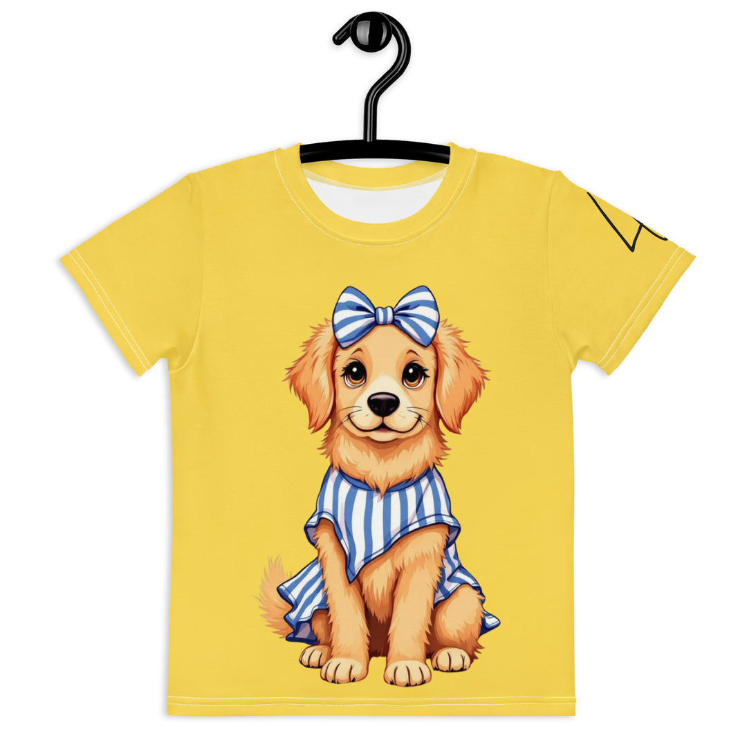  Puppy & Bones Girls T-shirt, golden retriever puppy wearing a blue and white striped outfit with a matching blue and white striped bow on its head, front view on hanger