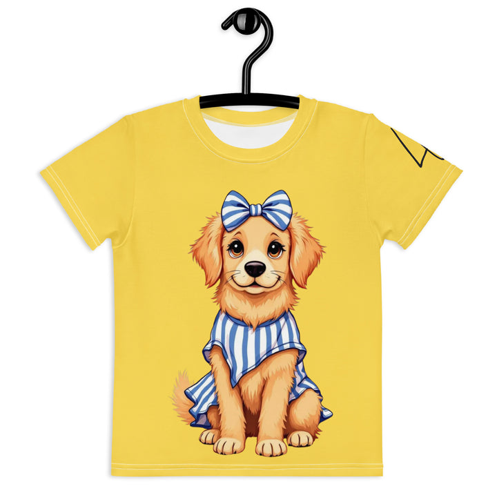  Puppy & Bones Girls T-shirt, golden retriever puppy wearing a blue and white striped outfit with a matching blue and white striped bow on its head, front view on hanger