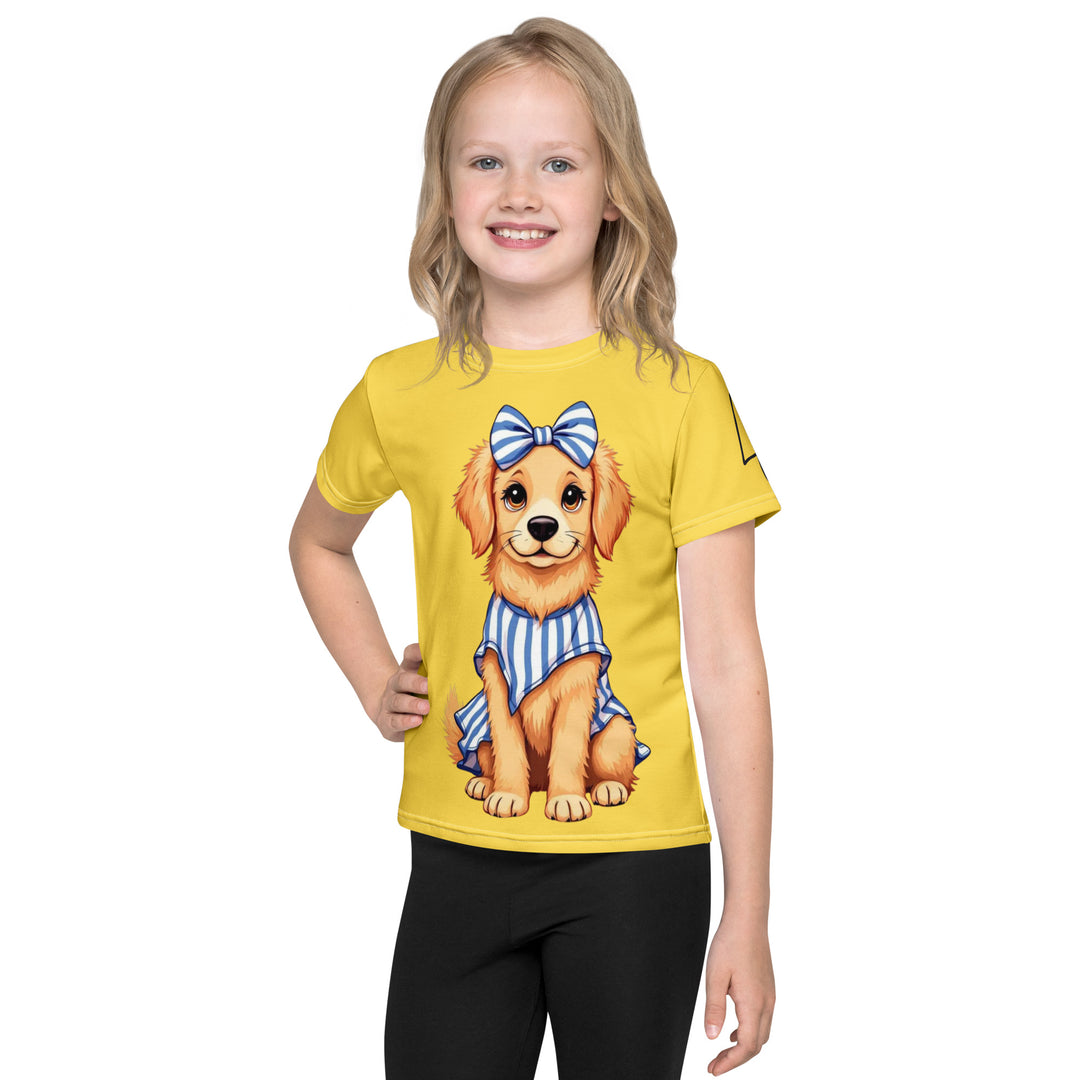 Puppy & Bones Girls T-shirt, golden retriever puppy wearing a blue and white striped outfit with a matching blue and white striped bow on its head, front view on model