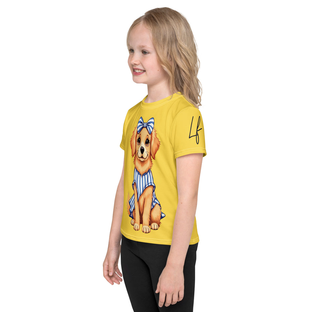 Puppy & Bones Girls T-shirt, golden retriever puppy wearing a blue and white striped outfit with a matching blue and white striped bow on its head, left side view on model