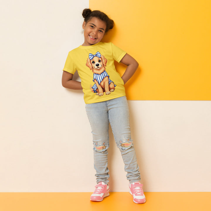  Puppy & Bones Girls T-shirt, golden retriever puppy wearing a blue and white striped outfit with a matching blue and white striped bow on its head, relaxed front pose on model