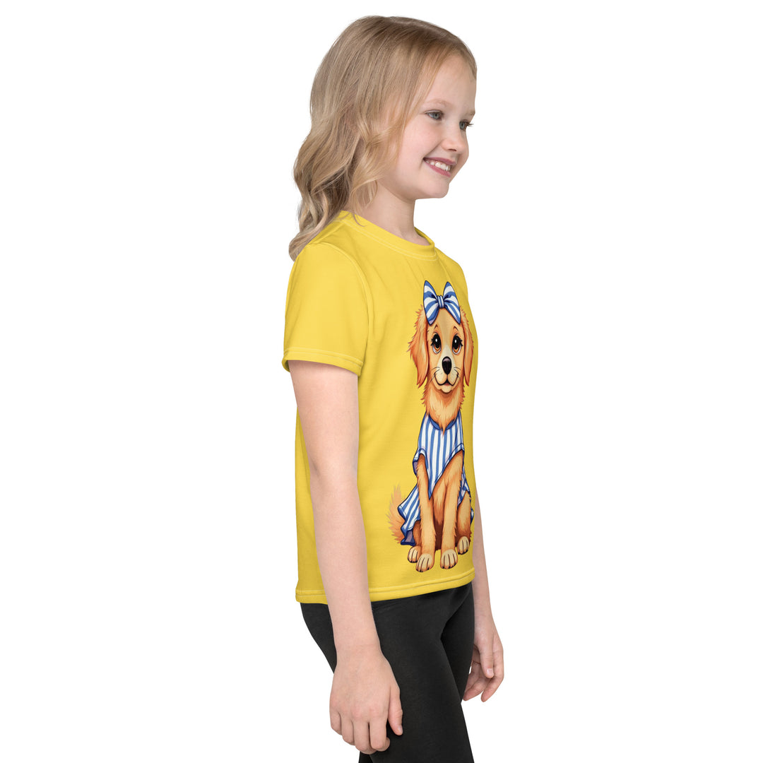 Puppy & Bones Girls T-shirt, golden retriever puppy wearing a blue and white striped outfit with a matching blue and white striped bow on its head, right side view on model