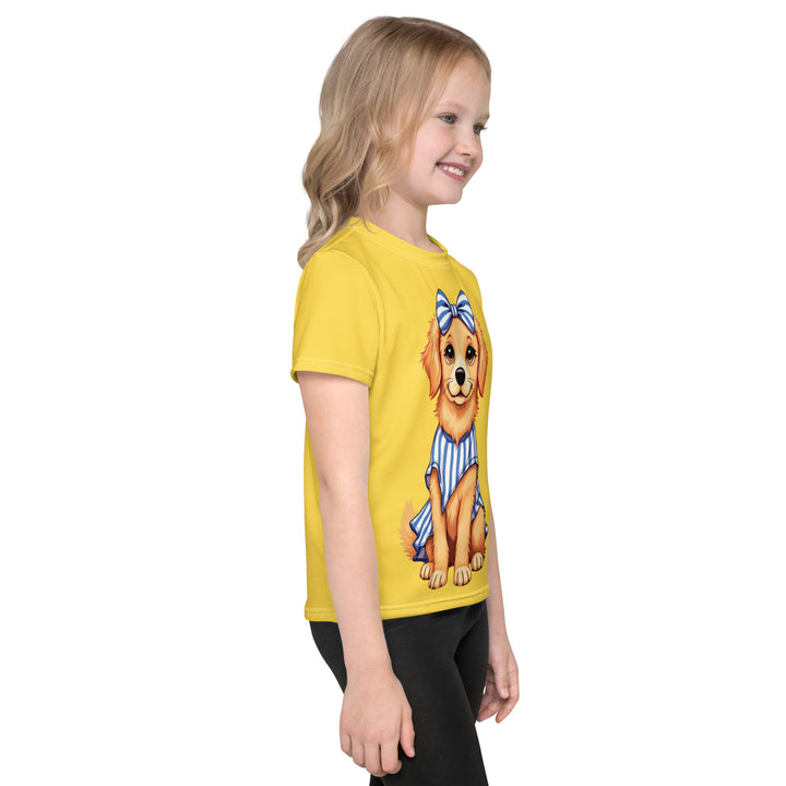 Puppy & Bones Girls T-shirt, golden retriever puppy wearing a blue and white striped outfit with a matching blue and white striped bow on its head, right side view on model