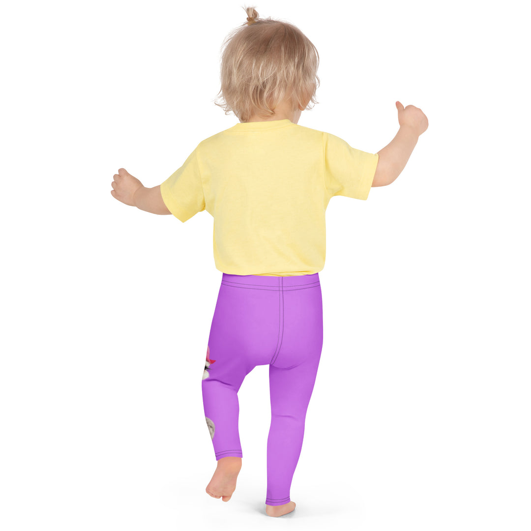 Purple Baby Ostrich Girls Leggings, purple background with a white and gray baby ostrich girl featuring a pink bow on her head extending almost the full length of one leg, back pose on model