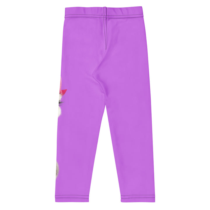 Purple Baby Ostrich Girls Leggings, purple background with a white and gray baby ostrich girl featuring a pink bow on her head extending almost the full length of one leg, back view