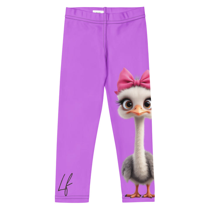 Purple Baby Ostrich Girls Leggings, purple background with a white and gray baby ostrich girl featuring a pink bow on her head extending almost the full length of one leg, front view