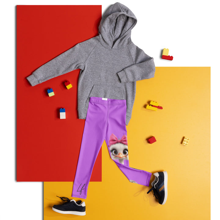 Purple Baby Ostrich Girls Leggings, purple background with a white and gray baby ostrich girl featuring a pink bow on her head extending almost the full length of one leg, front view laid flat on floor