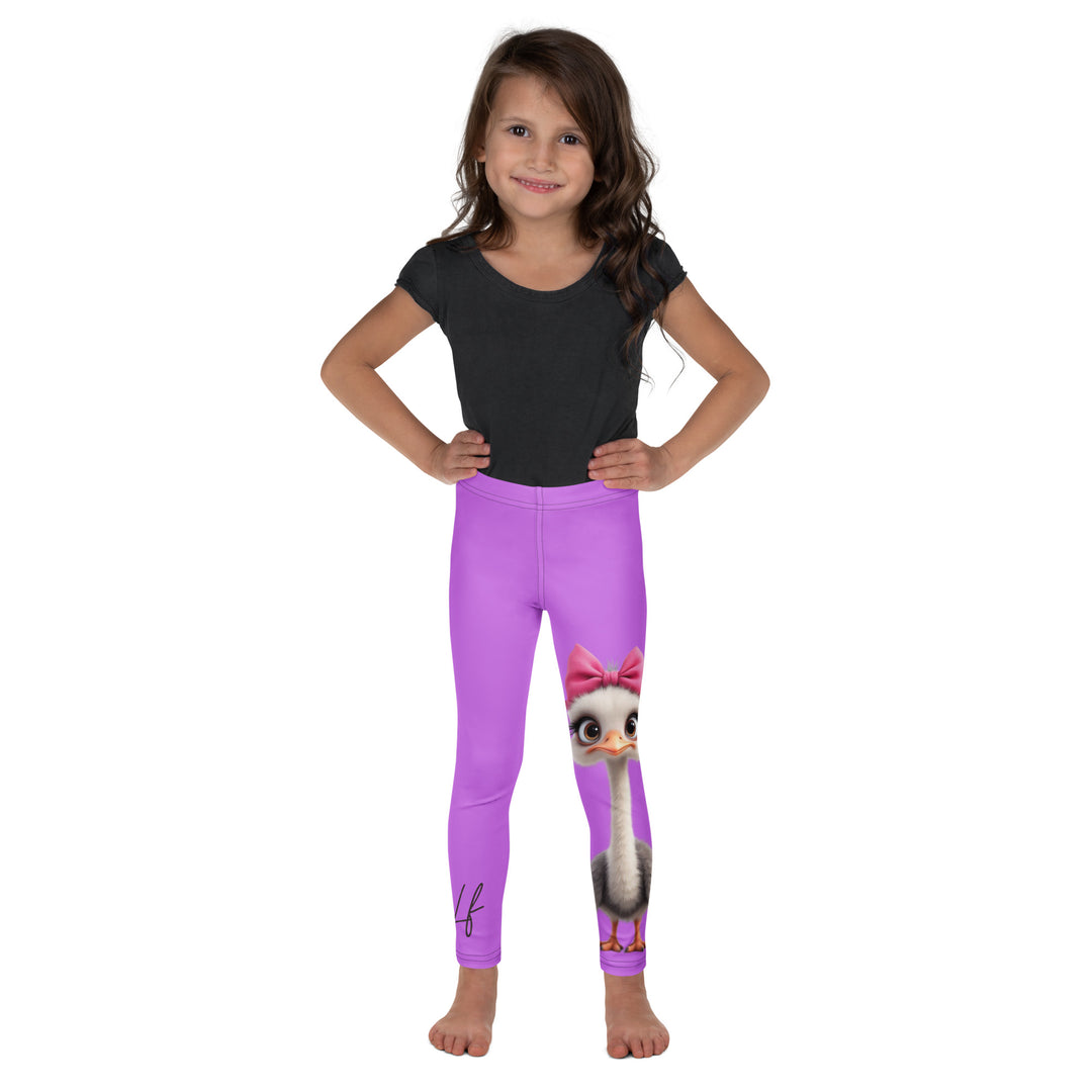 Purple Baby Ostrich Girls Leggings, purple background with a white and gray baby ostrich girl featuring a pink bow on her head extending almost the full length of one leg, front view on model
