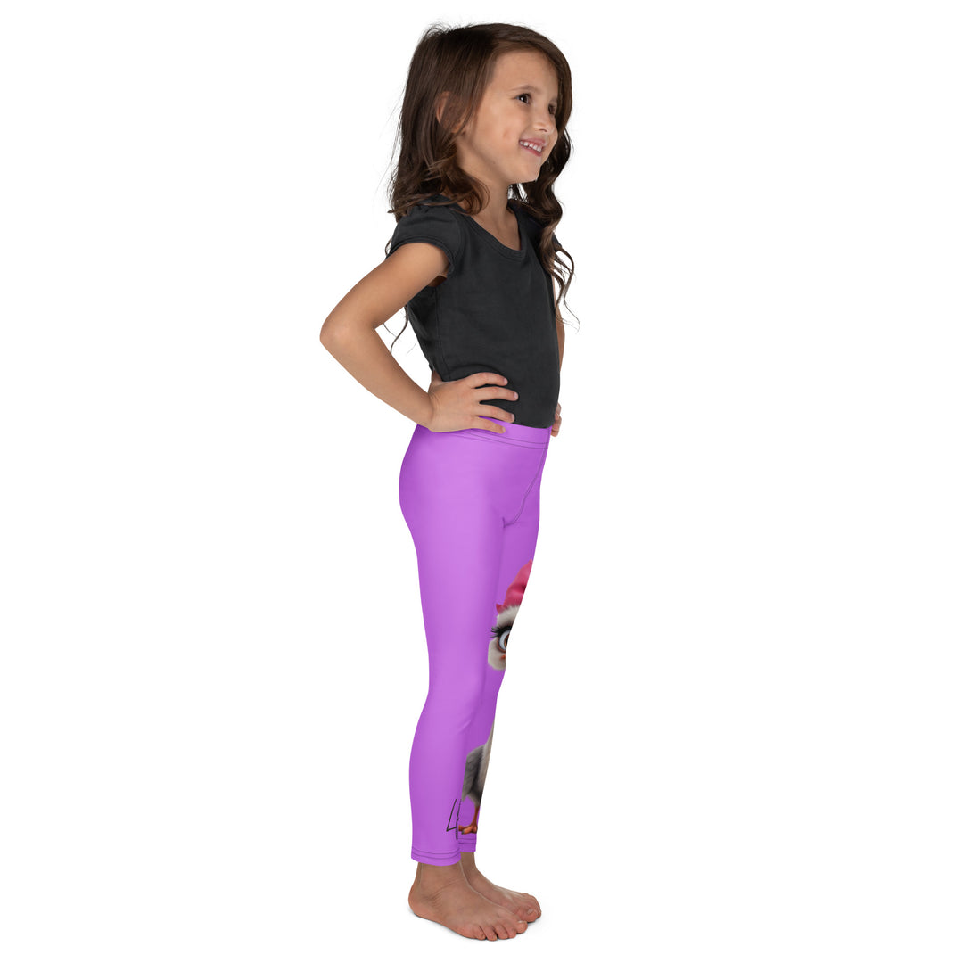  Purple Baby Ostrich Girls Leggings, purple background with a white and gray baby ostrich girl featuring a pink bow on her head extending almost the full length of one leg, right side view on model