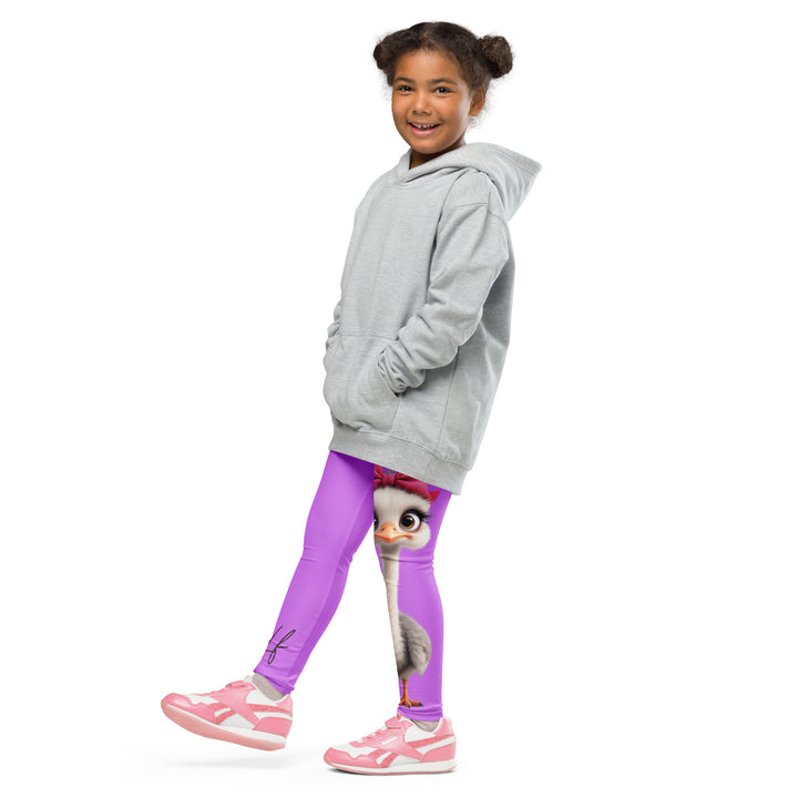 Purple Baby Ostrich Girls Leggings, purple background with a white and gray baby ostrich girl featuring a pink bow on her head extending almost the full length of one leg, side view with one leg lifted and extended on model