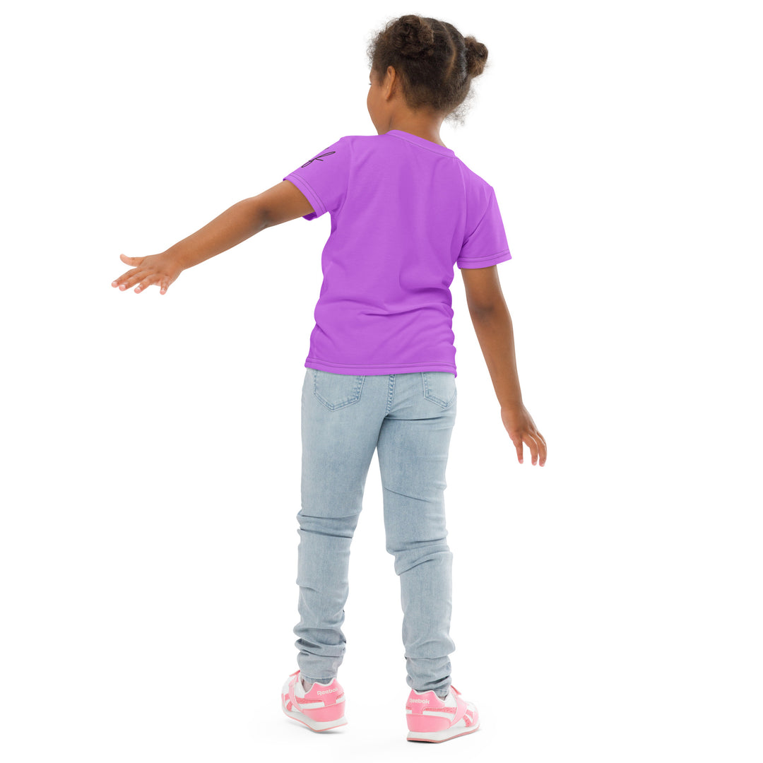  Purple Baby Ostrich Girls T-shirt, purple background with a white and gray baby ostrich girl featuring a pink bow on her head extending almost the full length of the front, back pose on model