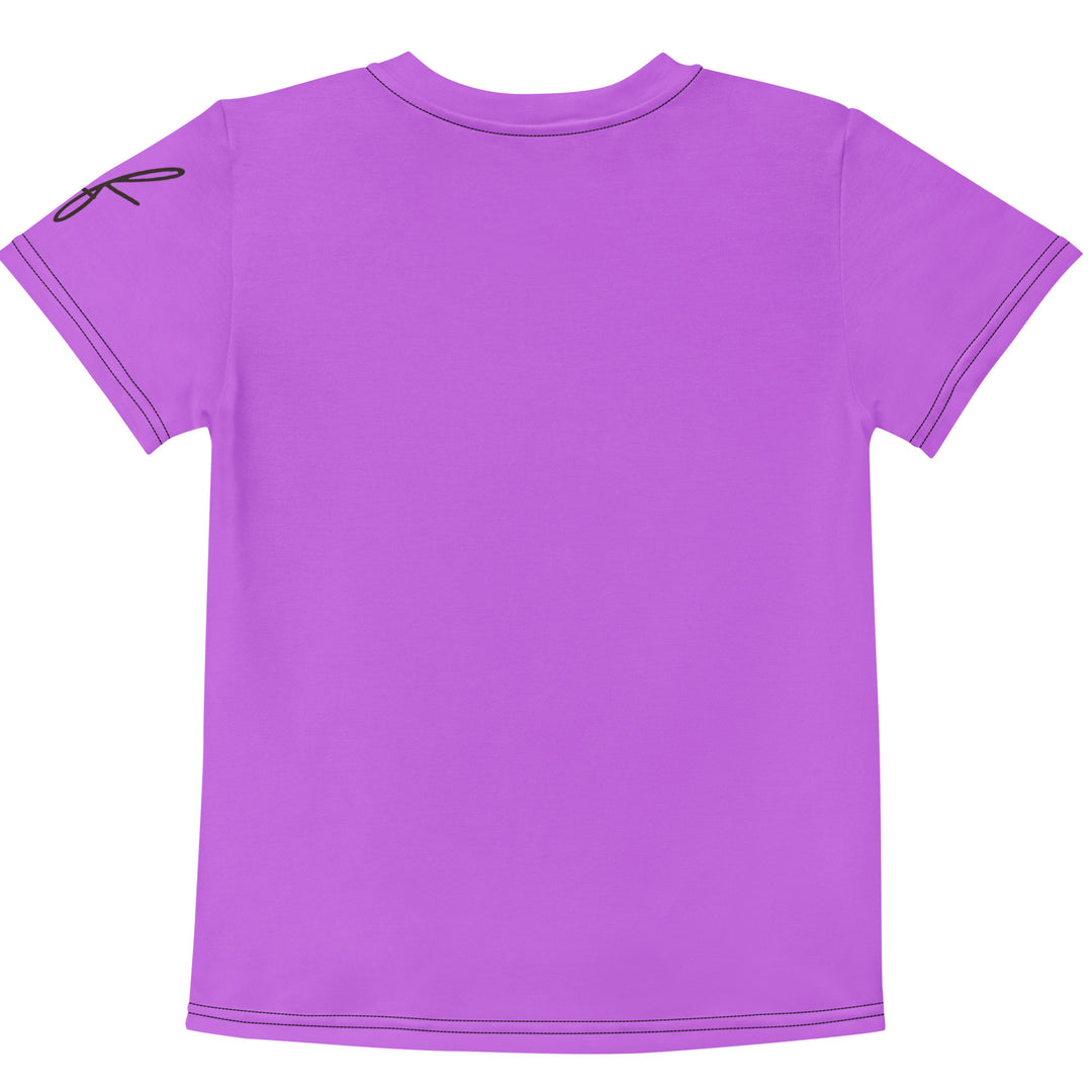 Purple Baby Ostrich Girls T-shirt, purple background with a white and gray baby ostrich girl featuring a pink bow on her head extending almost the full length of the front, back view