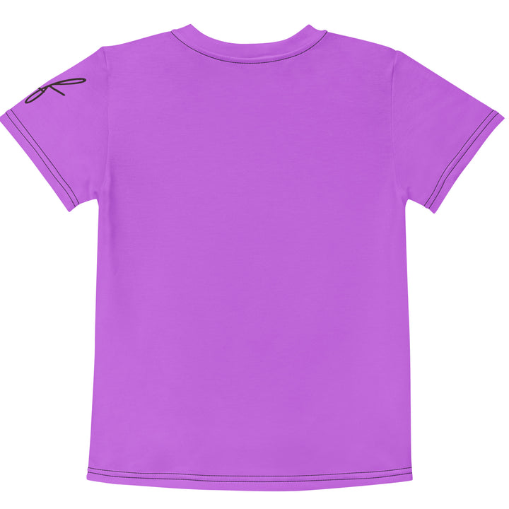 Purple Baby Ostrich Girls T-shirt, purple background with a white and gray baby ostrich girl featuring a pink bow on her head extending almost the full length of the front, back view