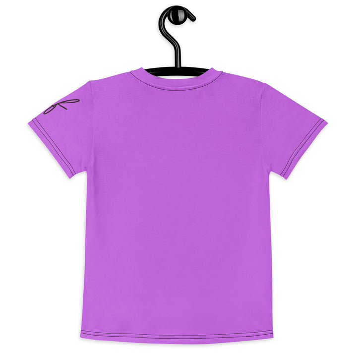 Purple Baby Ostrich Girls T-shirt, purple background with a white and gray baby ostrich girl featuring a pink bow on her head extending almost the full length of the front, back view on hanger