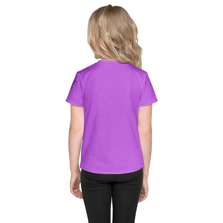 Purple Baby Ostrich Girls T-shirt, purple background with a white and gray baby ostrich girl featuring a pink bow on her head extending almost the full length of the front, back view on model