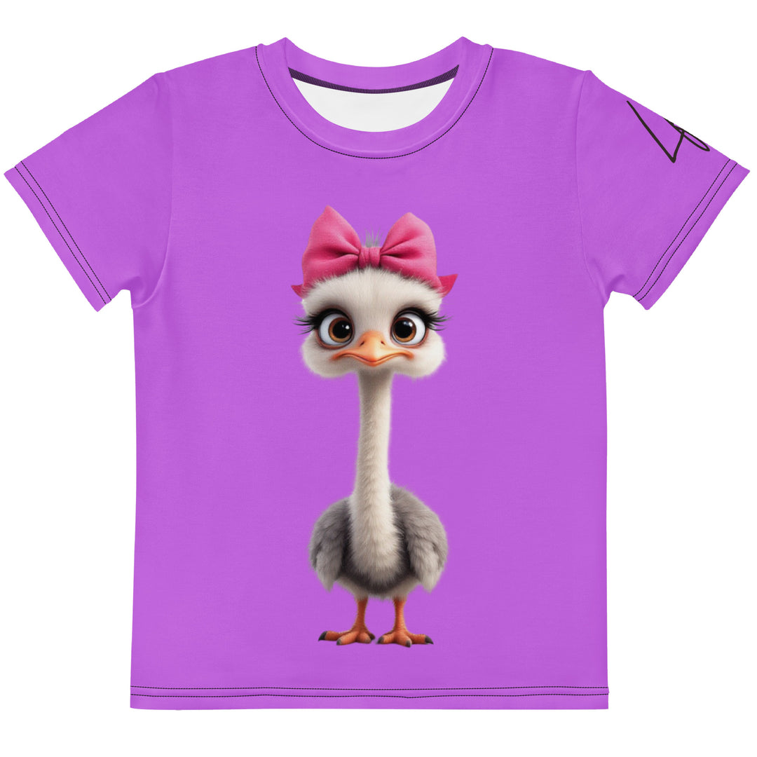 Purple Baby Ostrich Girls T-shirt, purple background with a white and gray baby ostrich girl featuring a pink bow on her head extending almost the full length of the front, front view