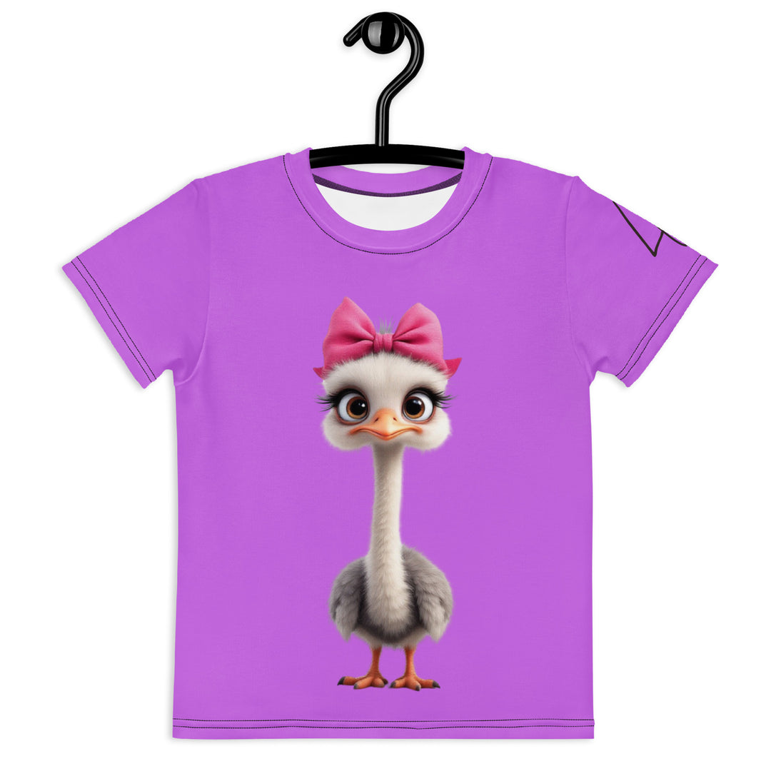  Purple Baby Ostrich Girls T-shirt, purple background with a white and gray baby ostrich girl featuring a pink bow on her head extending almost the full length of the front, front view on hanger