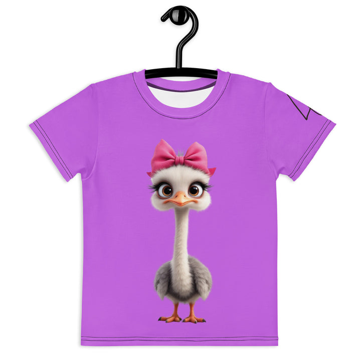  Purple Baby Ostrich Girls T-shirt, purple background with a white and gray baby ostrich girl featuring a pink bow on her head extending almost the full length of the front, front view on hanger