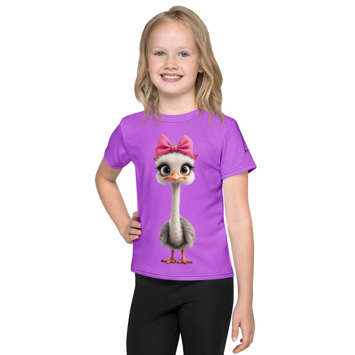 Purple Baby Ostrich Girls T-shirt, purple background with a white and gray baby ostrich girl featuring a pink bow on her head extending almost the full length of the front, front view on model
