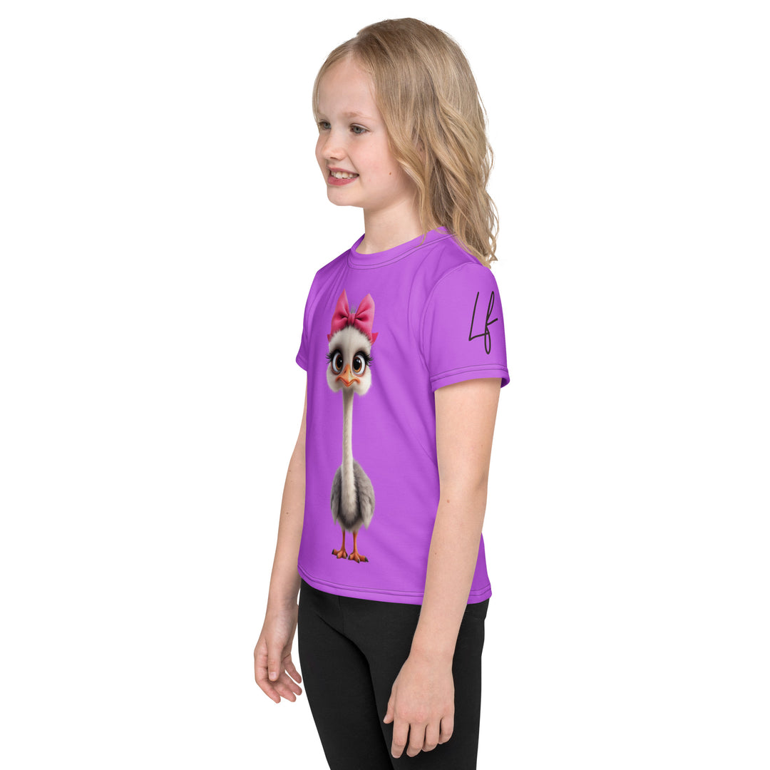 Purple Baby Ostrich Girls T-shirt, purple background with a white and gray baby ostrich girl featuring a pink bow on her head extending almost the full length of the front, left side view on model
