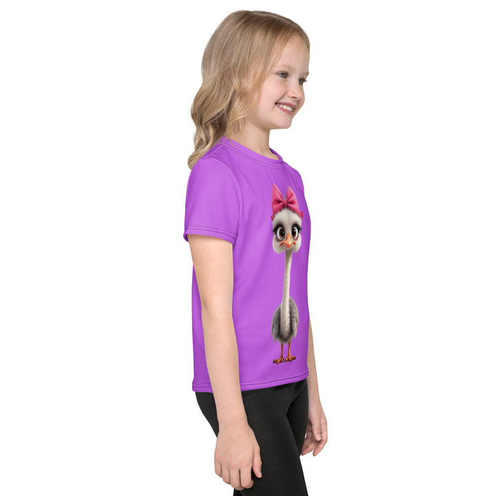 Purple Baby Ostrich Girls T-shirt, purple background with a white and gray baby ostrich girl featuring a pink bow on her head extending almost the full length of the front, right side view on model