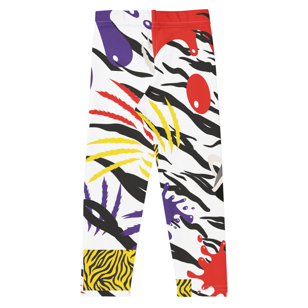  Raccoon Bandit Glow Girls Leggings, white base with splash-like spots in red, purple, and yellow, gray raccoon head, and wavy black stripes, back view