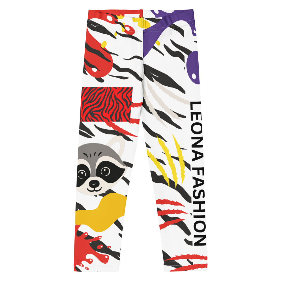 Raccoon Bandit Glow Girls Leggings, white base with splash-like spots in red, purple, and yellow, gray raccoon head, and wavy black stripes, front view-with a visible 'Leona Fashion' text on the design