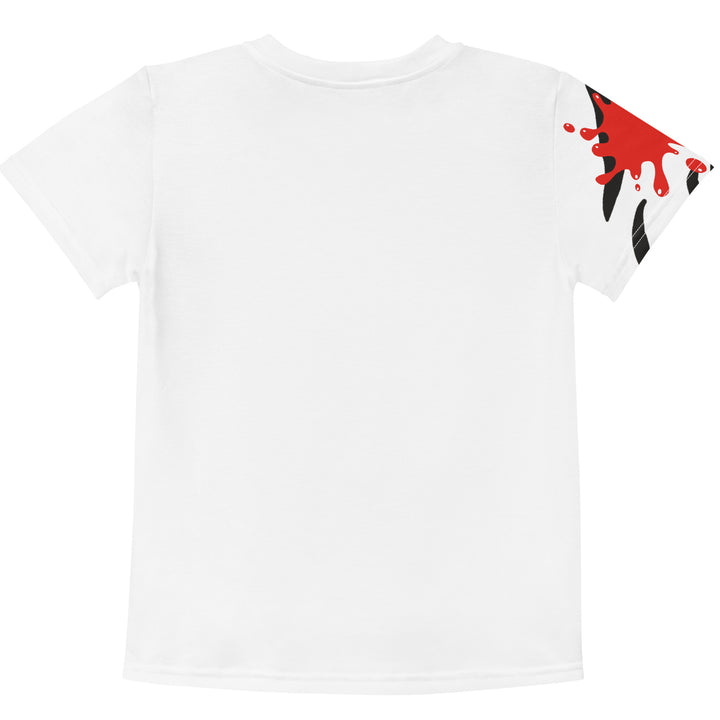  Raccoon Bandit Glow Girls T-shirt, white background with two gray raccoons inside red and yellow rectangular patterns with black stripes, red and black splash detail on right sleeve and neckline, back view