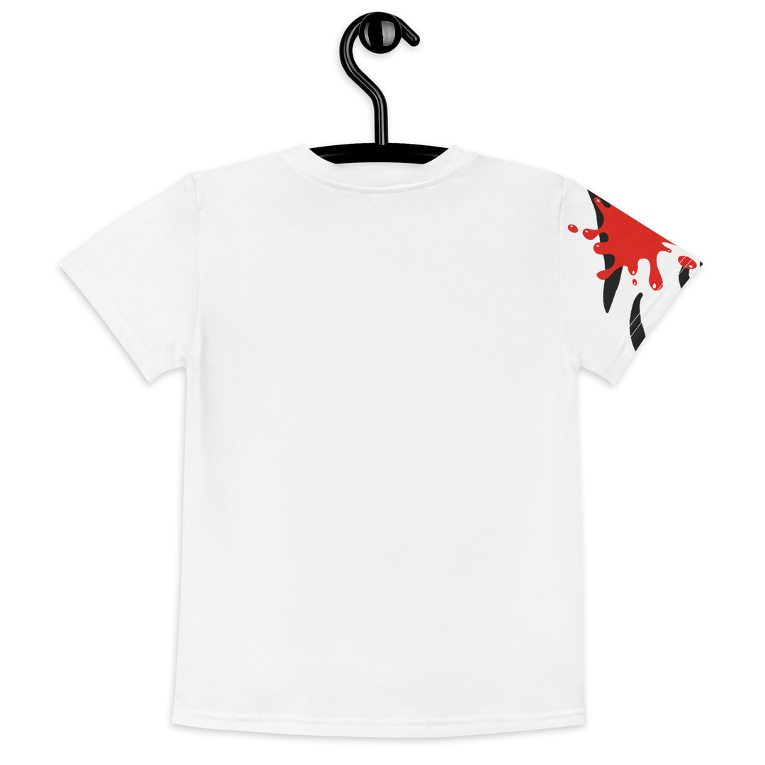  Raccoon Bandit Glow Girls T-shirt, white background with two gray raccoons inside red and yellow rectangular patterns with black stripes, red and black splash detail on right sleeve and neckline, back view on hanger