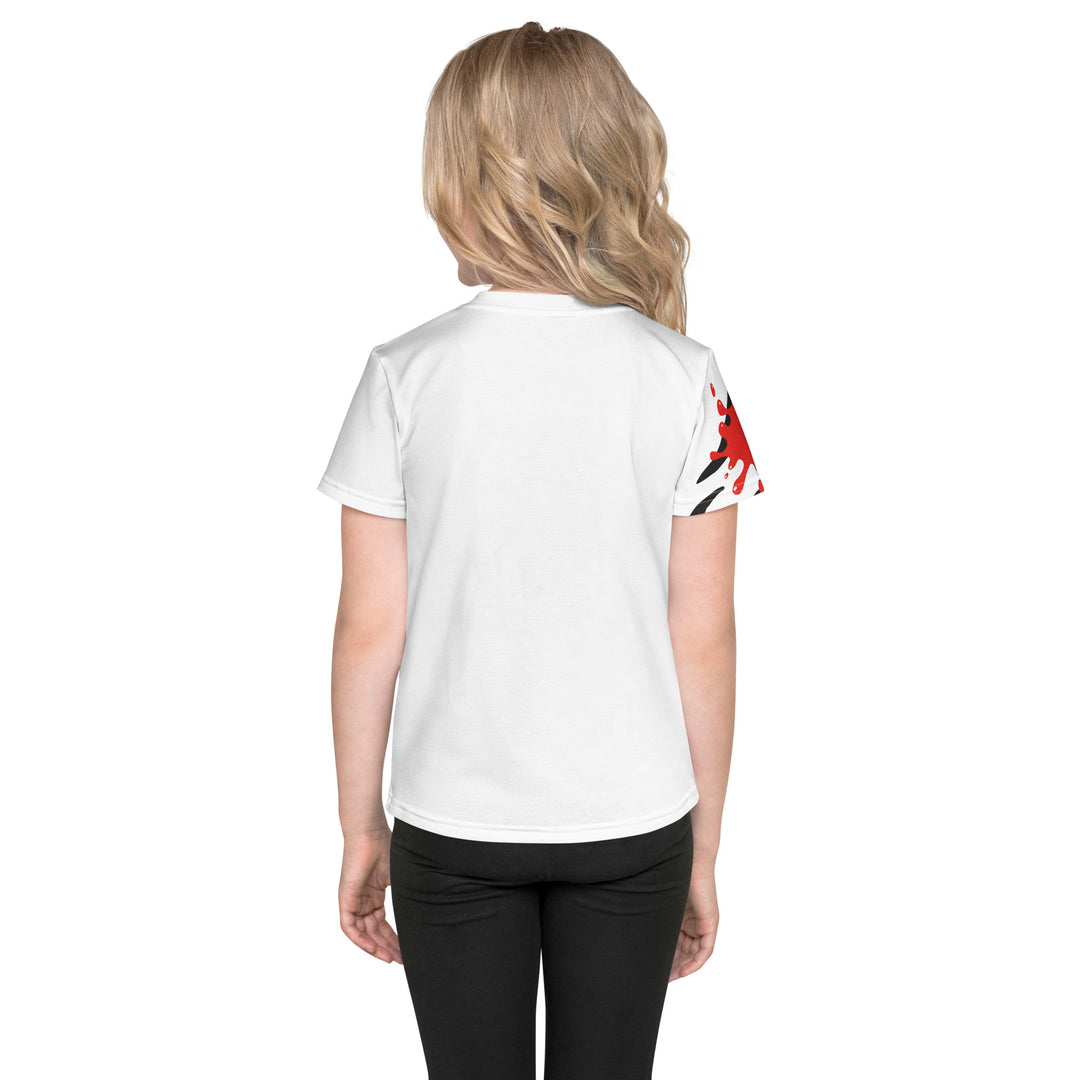  Raccoon Bandit Glow Girls T-shirt, white background with two gray raccoons inside red and yellow rectangular patterns with black stripes, red and black splash detail on right sleeve and neckline, back view on model