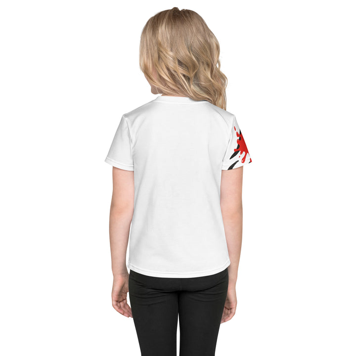  Raccoon Bandit Glow Girls T-shirt, white background with two gray raccoons inside red and yellow rectangular patterns with black stripes, red and black splash detail on right sleeve and neckline, back view on model