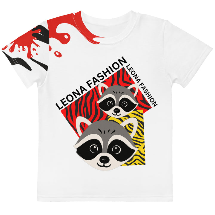 Raccoon Bandit Glow Girls T-shirt, white background with two gray raccoons inside red and yellow rectangular patterns with black stripes, red and black splash detail on right sleeve and neckline, front view-with a visible 'Leona Fashion' text on the design
