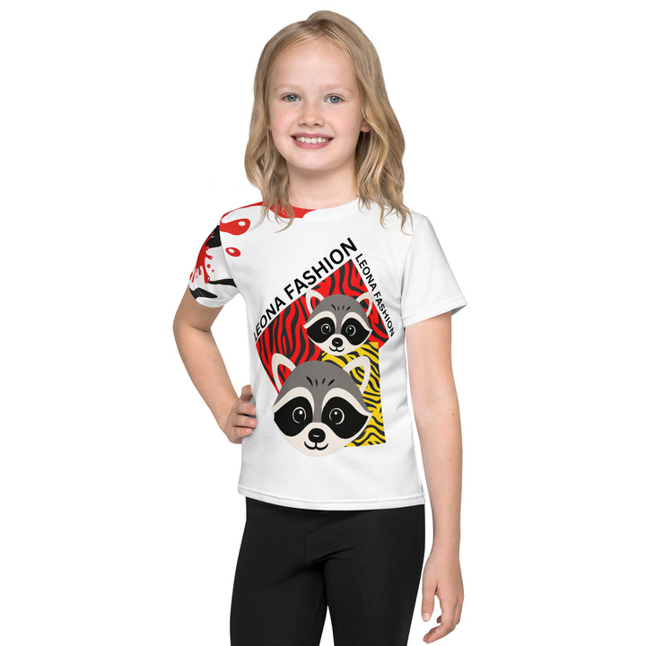  Raccoon Bandit Glow Girls T-shirt, white background with two gray raccoons inside red and yellow rectangular patterns with black stripes, red and black splash detail on right sleeve and neckline, front view on model-with a visible 'Leona Fashion' text on the design