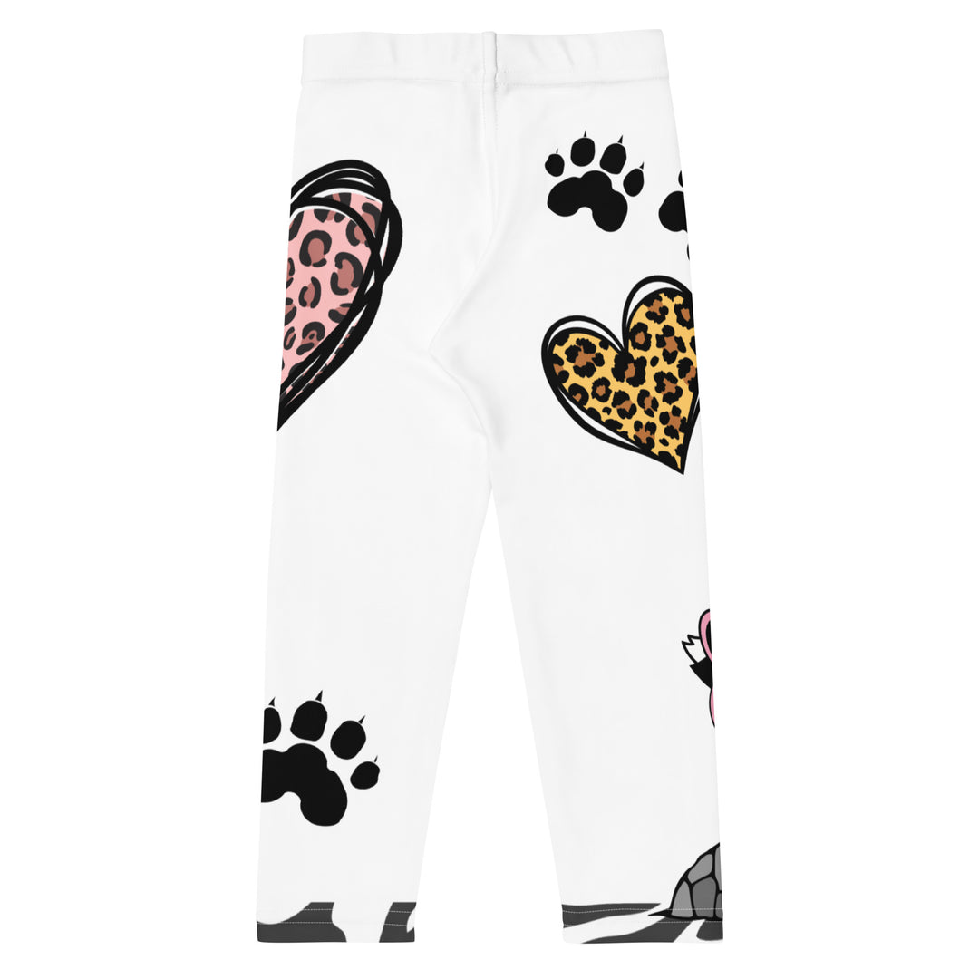 Raccoon Love Girls Leggings, white background with gray raccoon blowing a pink bubble gum sitting on a rock, pink tiger-striped heart, claws, and animal paw details, back view