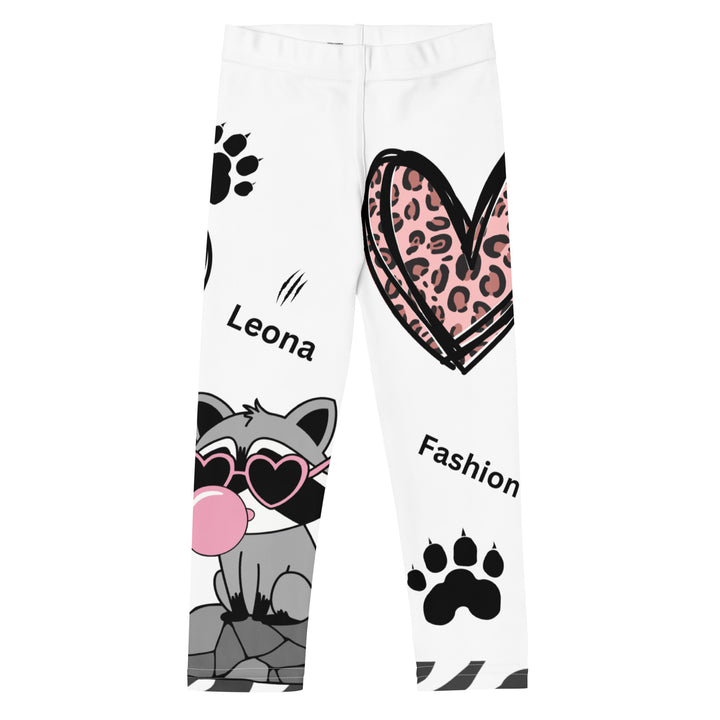  Raccoon Love Girls Leggings, white background with gray raccoon blowing a pink bubble gum sitting on a rock, pink tiger-striped heart, claws, and animal paw details, front view-with a visible 'Leona Fashion' text on the design