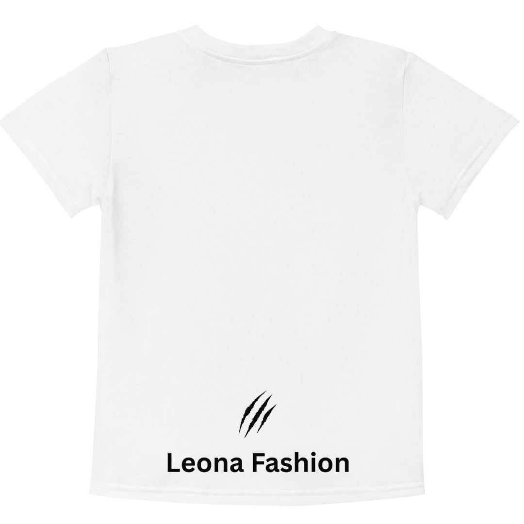  Raccoon Love Girls T-shirt – back view, white with gray raccoon standing on a rock blowing a pink bubble gum, wearing pink heart-shaped sunglasses, surrounded by pink tiger-striped hearts-with a visible 'Leona Fashion' text on the design