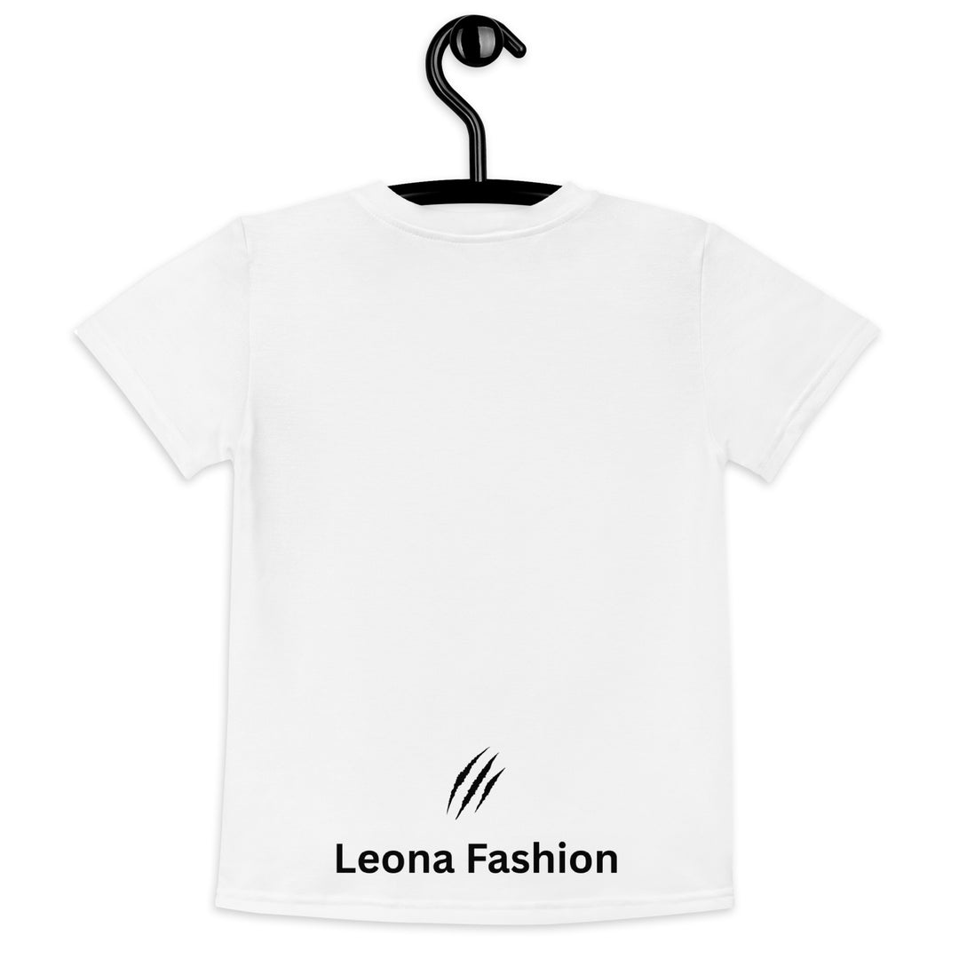Raccoon Love Girls T-shirt – back view on hanger, white with gray raccoon standing on a rock blowing a pink bubble gum, wearing pink heart-shaped sunglasses, surrounded by pink tiger-striped hearts-with a visible 'Leona Fashion' text on the design