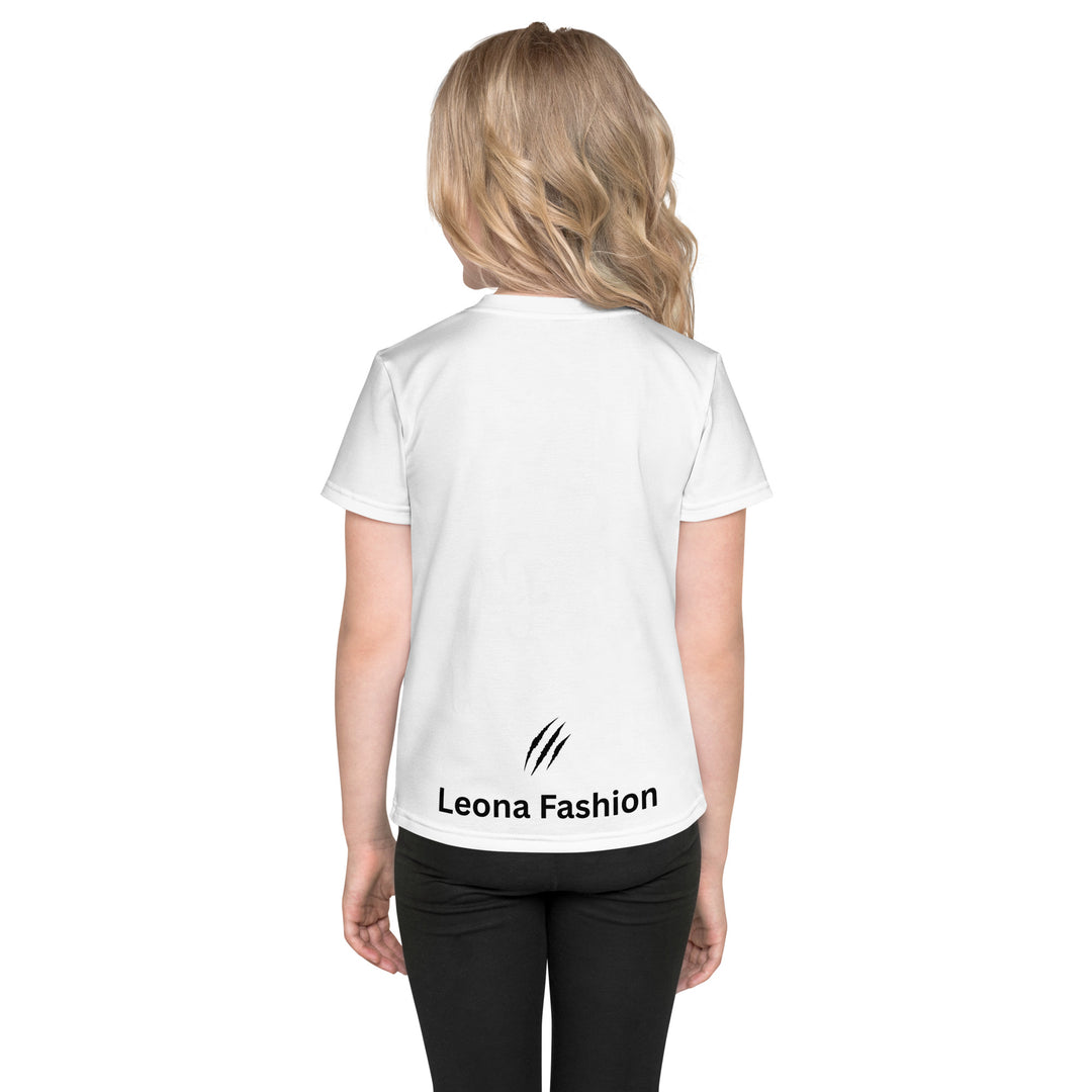 Raccoon Love Girls T-shirt – back view on model, white with gray raccoon standing on a rock blowing a pink bubble gum, wearing pink heart-shaped sunglasses, surrounded by pink tiger-striped hearts-with a visible 'Leona Fashion' text on the design