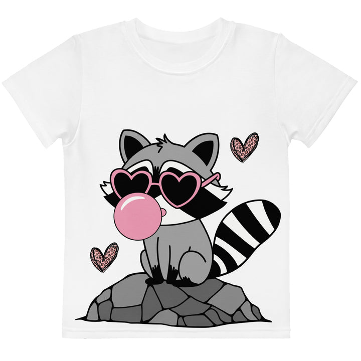 Raccoon Love Girls T-shirt – front view, white with gray raccoon standing on a rock blowing a pink bubble gum, wearing pink heart-shaped sunglasses, surrounded by pink tiger-striped hearts