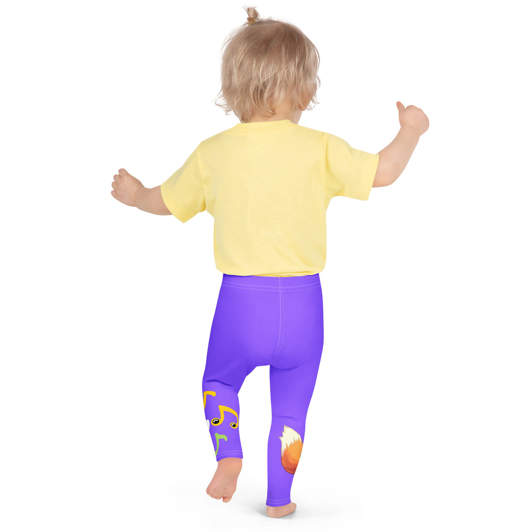  Roller Fox Girls Leggings, purple background with an orange fox wearing purple and neon green sportswear and neon green roller skates on one leg, "GOOD VIBES" text in white above, and orange-green butterflies and orange, green, and white music notes on the other leg, back pose on model