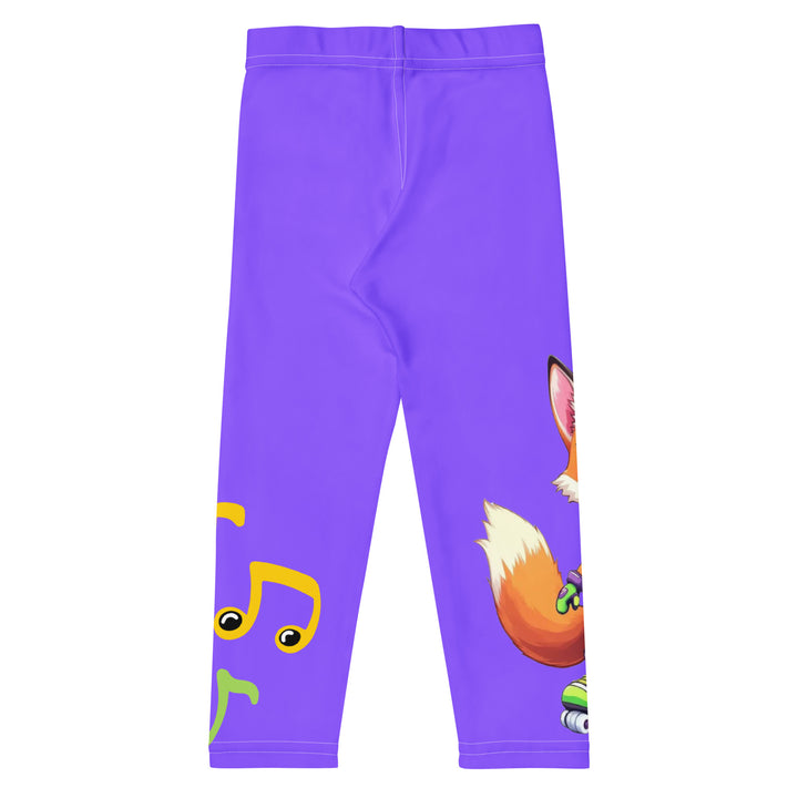 Roller Fox Girls Leggings, purple background with an orange fox wearing purple and neon green sportswear and neon green roller skates on one leg, "GOOD VIBES" text in white above, and orange-green butterflies and orange, green, and white music notes on the other leg, back view